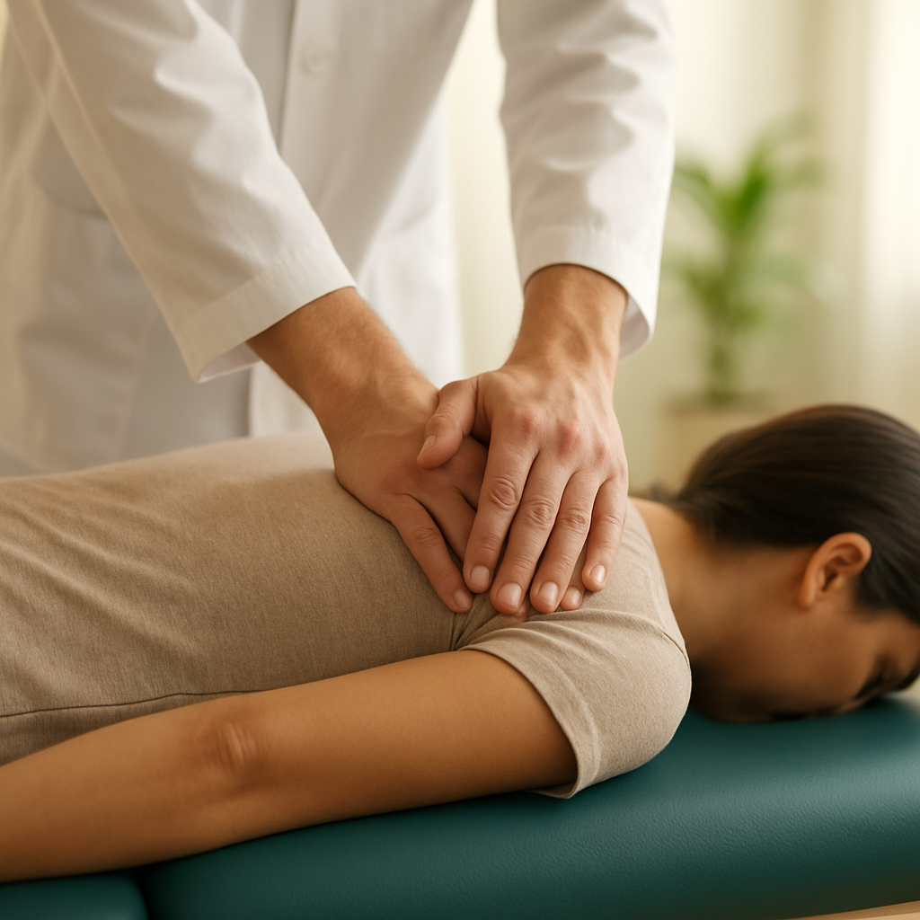Chiropractor performing a gentle spinal adjustment on a relaxed patient lying on a treatment table